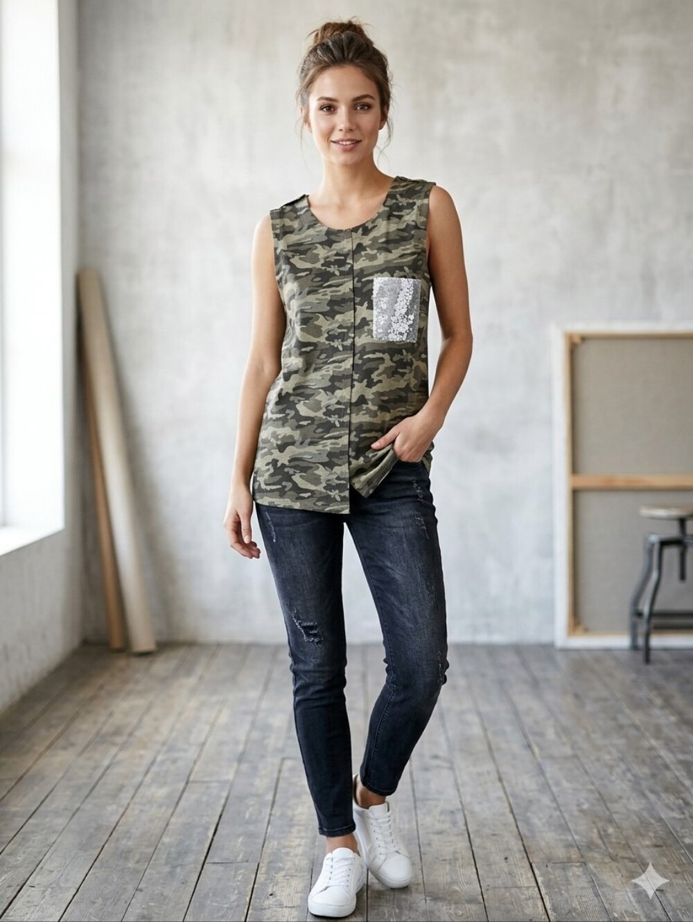 POL Camo Muscle Oversized Tee with Silver Sequin Pocket Chest 22"